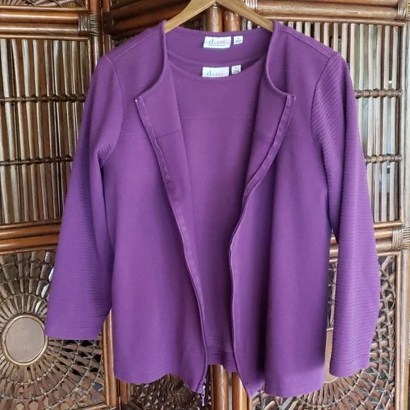 Denim & Co. Novelty Zip Front Jacket and SS T-Shirt Set - Purple - XL - Picture 13 of 15